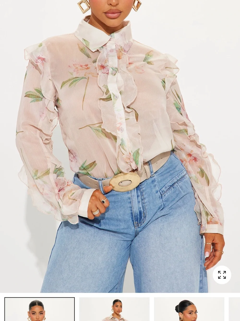 Fashion Nova Sheer Floral Ruffle Blouse - Pink & Green - Picture 1 of 3
